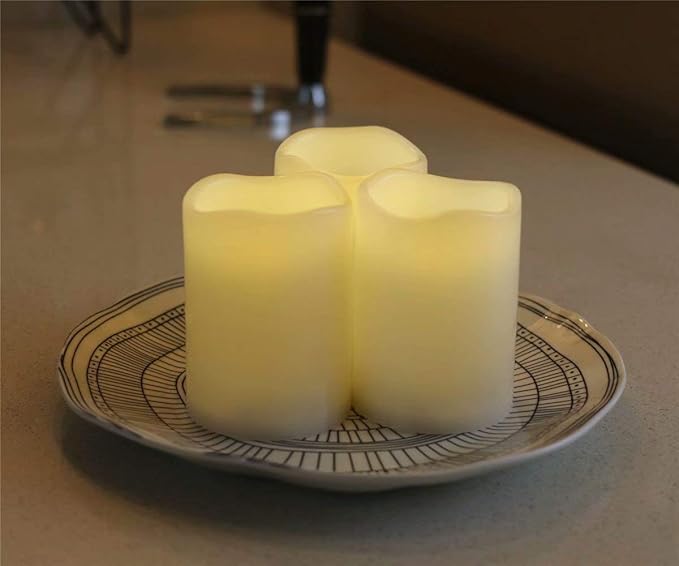 Set of 3 Outdoor IP44 Warm White LED Rainproof Waterproof Flameless Battery LED Pillar Candles with Remote and Timer, Plastic, Won't Melt, Weather Resistant Design 3 x 4", Timer 24hours