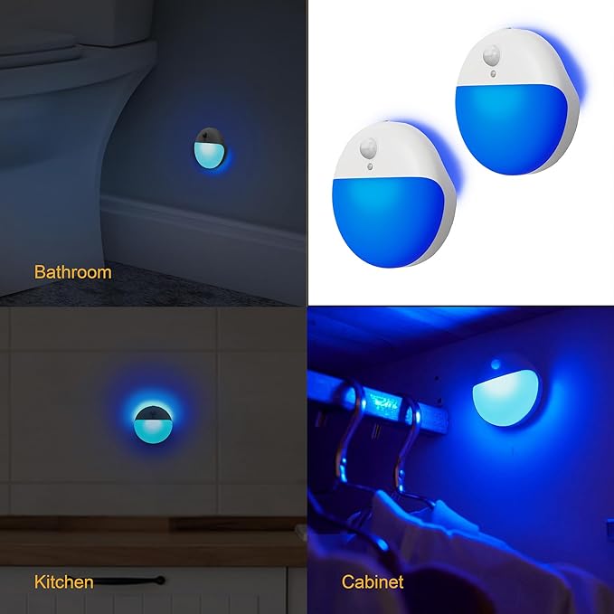 2 Pack Blue Battery Night Light, Motion Activated Stick on Lights, 2.6" Small Travel Night Light, 3 Light Modes, Very Dim, Dimmable Battery Operated Lights for Toilet, Bathroom, Kids, Game Room