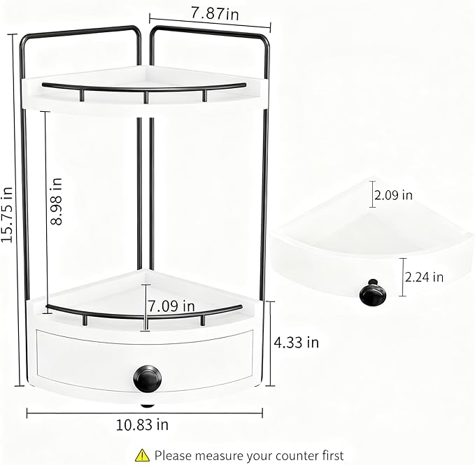 2-Tier Corner Bathroom Countertop Organizer with Drawer, Wooden Vanity Organizers for Makeup and Skincare Storage, Corner Counter Shelf with Embedded Screw Holes, White