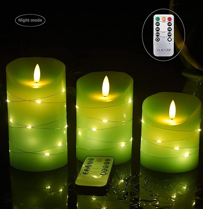 Green LED flameless Candle with Embedded Starlight String, 3 LED Candles, 10-Key Remote Control, 24-Hour Timer Function, Dancing Flame, Real Wax, Battery Powered. (Grass Green)