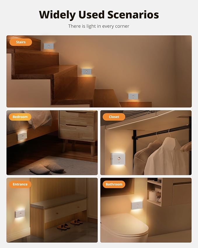 wowatt Rechargeable Motion Sensor Night Light, White Automatic Lights with Magnetic Mount, Dimmable Stair Lights Indoor for Stairway, Hallway, Kitchen, Bathroom(3 Packs)