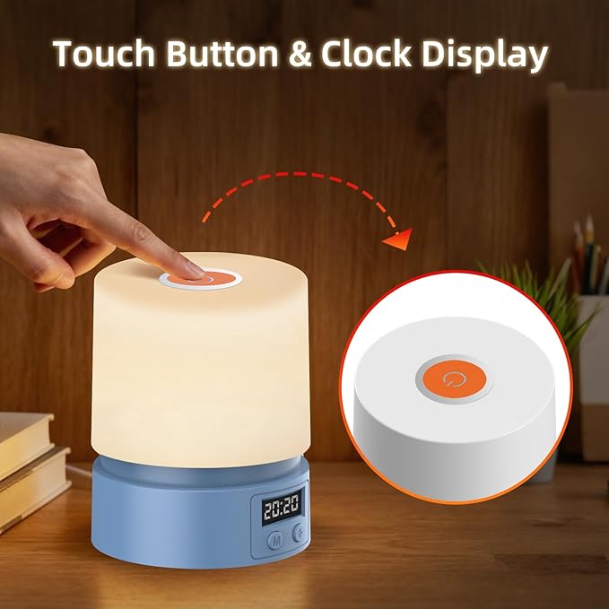 Nursery Night Light with Clock for Kids, Touch Lamp Bedside Desk Lamp, Portable Breastfeeding Night Lamp for Baby, 3 Color Stepless Dimming Up for Restaurant,Bedroom,Rechargeable (Blue)