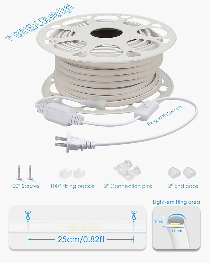 Outdoor COB LED Strip Light Waterproof 100FT/30M One Roll AC 110V LED Rope Light Warm White 3000K High Density 288Leds/M Flexible COB Strips Lighting with Switch Plug in for Bedroom Building Decor