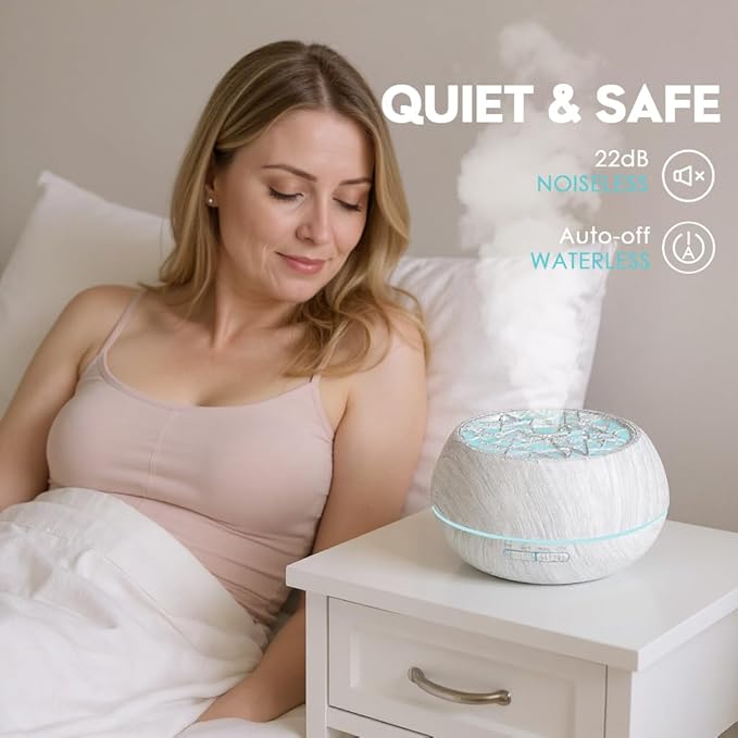 550ml Large Capacity Essential Oil Diffuser 6 Essentil Oil Set Aromatherapy Ultrasonic Air Humidifier with Timer and 7 Color LED Night Light Remote Control Waterless Auto-Off White Wood Grain