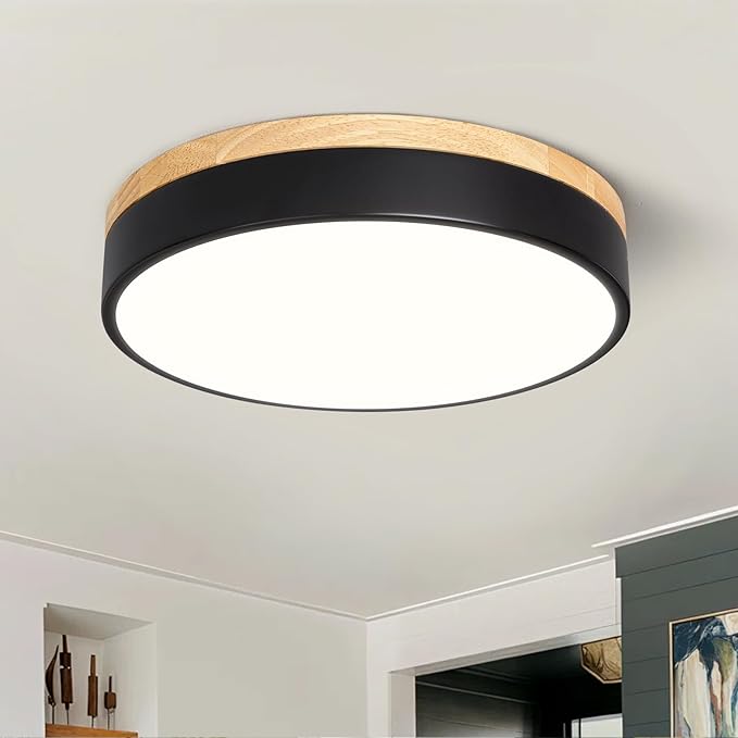 Modern Dimmable Wood Ceiling Light, Black Round LED Flush Mount Ceiling Lighting Fixtures, Minimalist Ceiling Lamp for Kitchen Bedroom Laundry Room Living Room Entryway Hallway&11.81 in