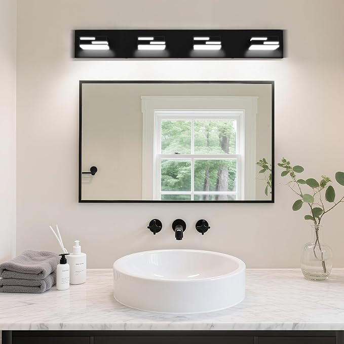 LED Modern Bathroom Vanity Light Fixtures,4-Light 28-inch Dimmable Matte Black Vanity Lights for Bathroom Lighting Fixtures Over Mirror, with 350° Rotatable Acrylic Heads (Cool White 6000K)
