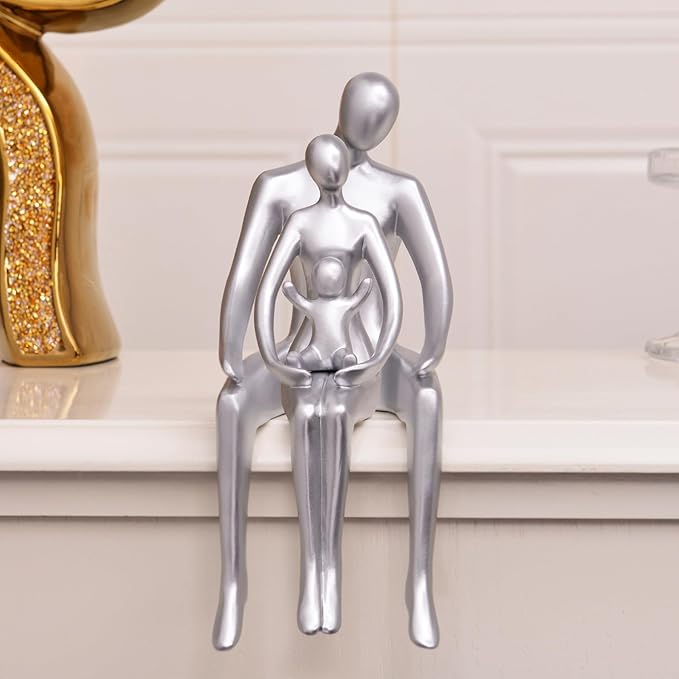 Quoowiit Bookshelf Decor Family Statue, Abstract Miniature Figurines Home Decor, Modern Aesthetic Shelf Decorations for Office Desk Table Desk Living Room Book Shelf Bedroom Entry Set of 3 - Silver