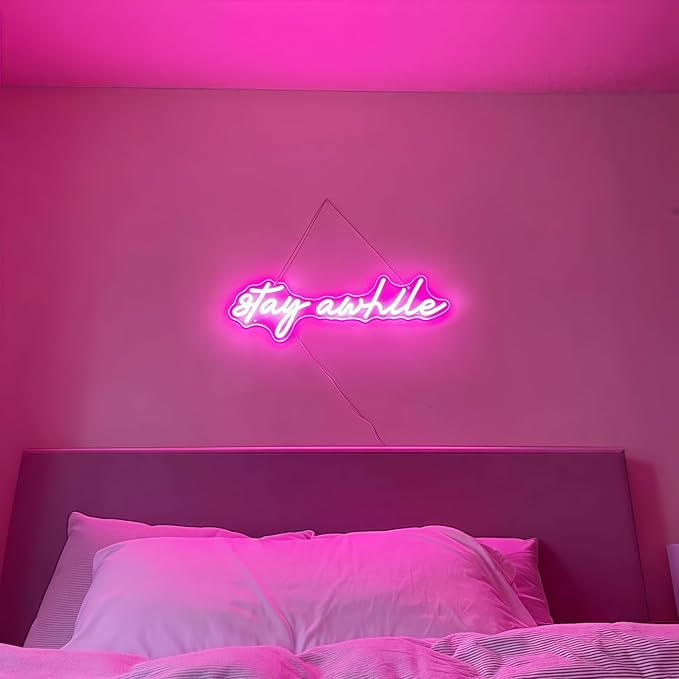 Stay Awhile LED Neon Signs for Wall Decor Neon Wall Art Acrylic LED Lights with Hanging Chain Light Up for Bedroom Decor Graduation Bar Pub Wedding Party 5V USB Powered Dimmable