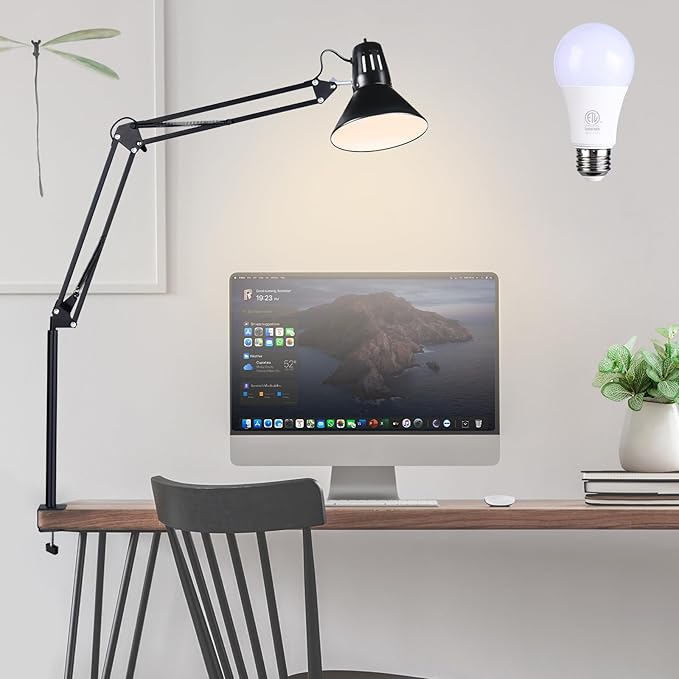 Swing Arm Desk Lamp for Home Office 360°Adjustable,Tall Metal Clamp on lamp with Bulb,Eye-Caring Clip on Desk Light for Computer Work Study Reading and Drafting
