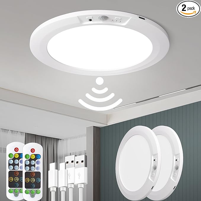 Rechargeable Motion Sensor Ceiling Light, 5 Colors Wireless Battery Operated Shower Lights with Remote, Magnetic Closet Light for Closet Shower Bathroom Hallway, 2 Pack