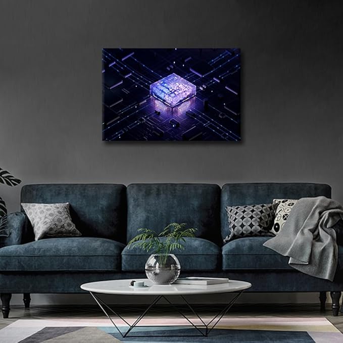 Wall Art for Living Room Futuristic CPU Paintings on Canvas CPU Concept Pictures Modern Artwork Home Decor Computer Chip Posters Prints Framed Stretched Ready to Hang, 24x16in