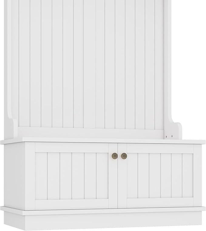 4-in-1 Hall Tree with Storage Bench & Coat Rack - Entryway Organizer with Hooks, Shoe Storage, and Display Shelves for Modern Homes (White)