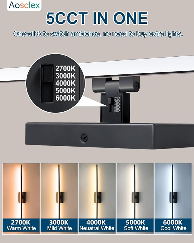 Aosclex 40 Inch Modern Bathroom Vanity Light, 180° Rotatable, 30W 2700LM 5CCT Adjustable (2700K–6000K), Dimmable LED Lights for Bathroom Mirror, IP44 Waterproof Black Light Bar, ETL Certificated