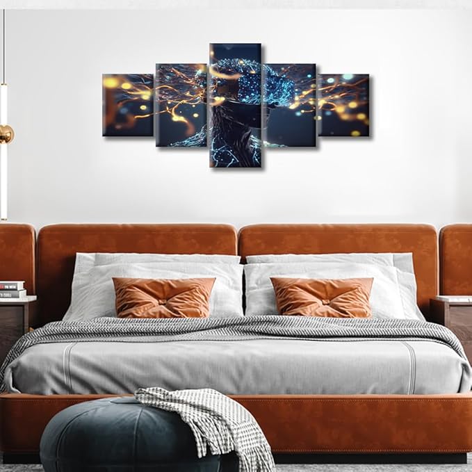 Brain Neural Human Head Modern Wall Art Artificial Intelligence Technology Pictures Contemporary Artwork Print On Canvas Bedroom Wall Art for Living Room Framed Ready to Hang, (50"Wx24"H)