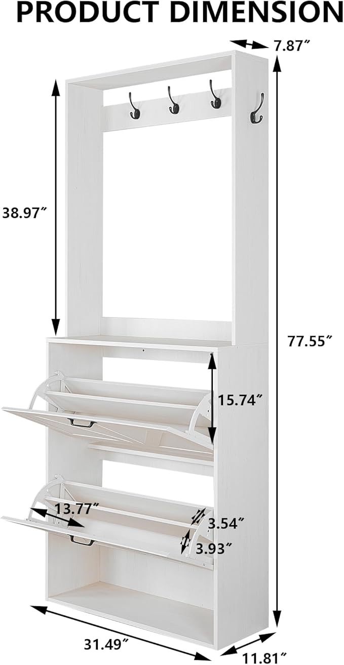 Betoko Hall Tree with Shoes Storage,Farmhouse Entryway Coat Rack Wooden Hallway Mudroom Tree Bench Corner Tree Cabinet with 5 Coat Hooks and 2 Shoes Cabinets and Open Shelf(Rustic White)