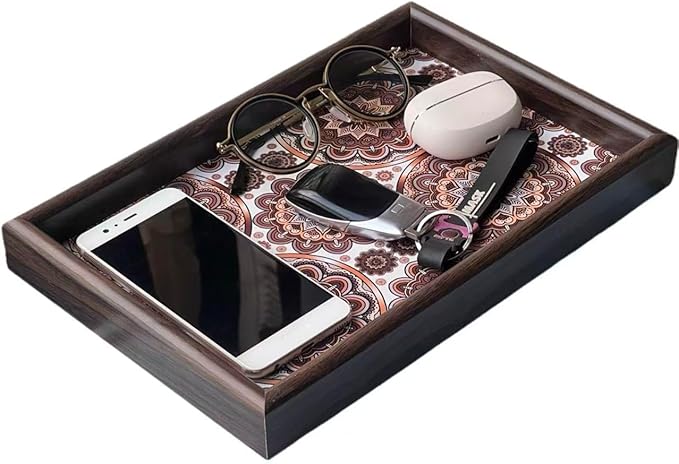 Zosenley Wooden Valet Tray with Leather Base - Nightstand Catchall Organizer for Cologne, Perfume, Keys, Wallet, Phone, Watch, Jewelry & Sunglasses (Bohemian)
