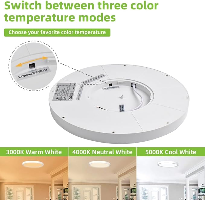hykolity 12 Inch Selectable CCT LED Round Flat Panel Light, 24W 3000K/4000K/5000K, Edge-Lit Flush Mount Ceiling Light Fixture for Kitchen, Bedroom, Laundry and Closet Room, White
