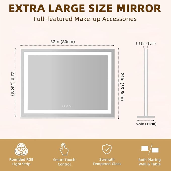 FENCHILIN Vanity Mirror with Lights, 32" x 23" RGB Backlit + Front Lit Large Hollywood Makeup Vanity Mirror LED Strip with 3 Colors Modes Smart Touch for Dressing Room & Bedroom White