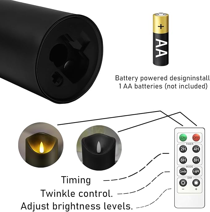 Flickering Flameless Candles, Battery Operated Plastic LED Pillar Candles with Remote Control and Timer, Set of 9 (Black)