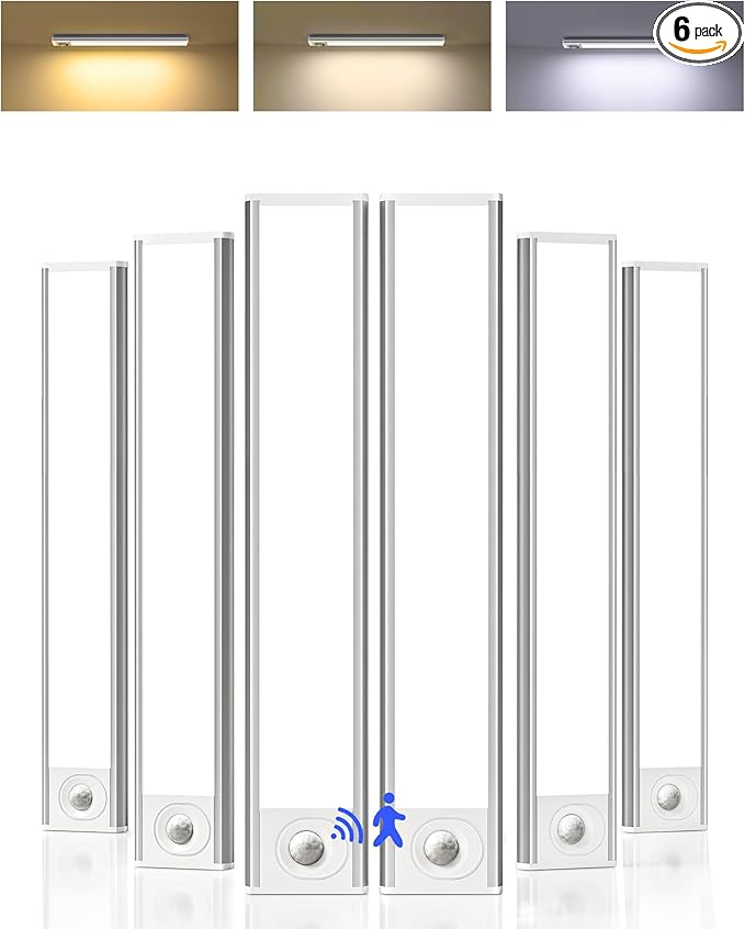 10inch Under Cabinet Lighting, 6-Pack Rechargeable Motion Sensor Light Indoor, Magnetic Closet Lights, Dimmable & 3 Color Temps, Wireless Under Counter Lights for Kitchen, Stairs