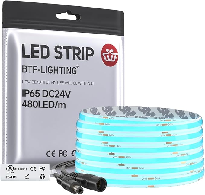 BTF-LIGHTING FCOB IP65 Waterproof Ice Blue Color COB LED Strip 16.4FT DC24V 480LED/m 8mm Width Flexible High Density CRI 90+ Dimmable LED Light for Home Indoor Decor(No Controller or Adapter)