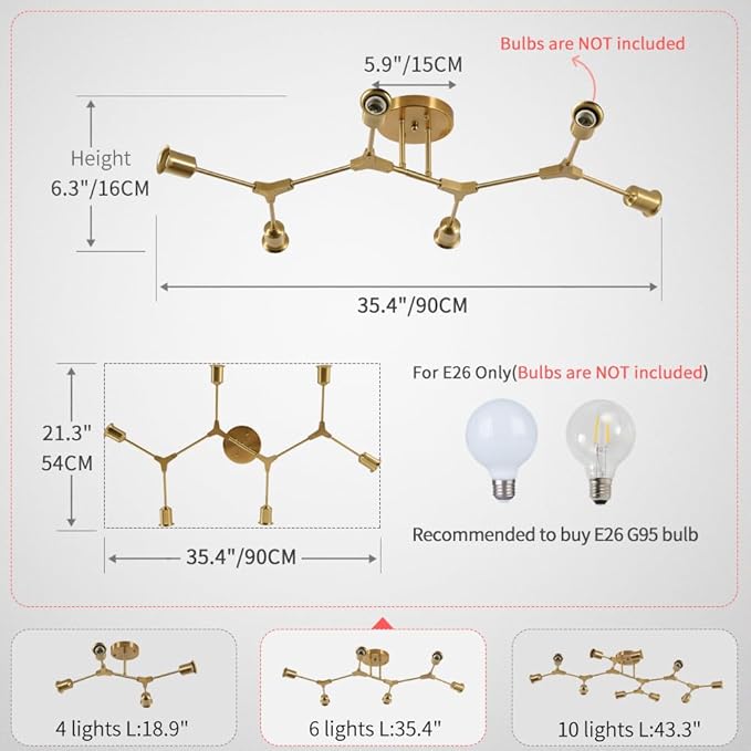 Modern Mid Century 6 Light Semi Flush Mount Ceiling Lighting Fixture for Living Room Bedroom Dining Room Hallway Kitchen Office,Long Large Gold Sputnik Chandelier