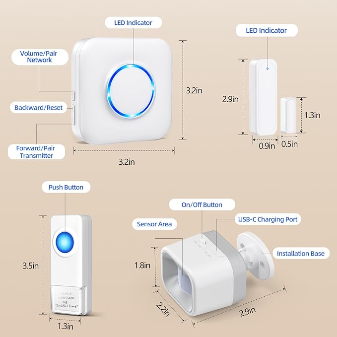 WiFi Motion Sensor, Smart Motion Detector Kit with Phone App Alerts, Includes Gateway Hub, PIR Motion Sensor, Doorbell Button, Door Sensor, DIY Burglar Alarm for Home Business Apartment (Only 2.4GHz)