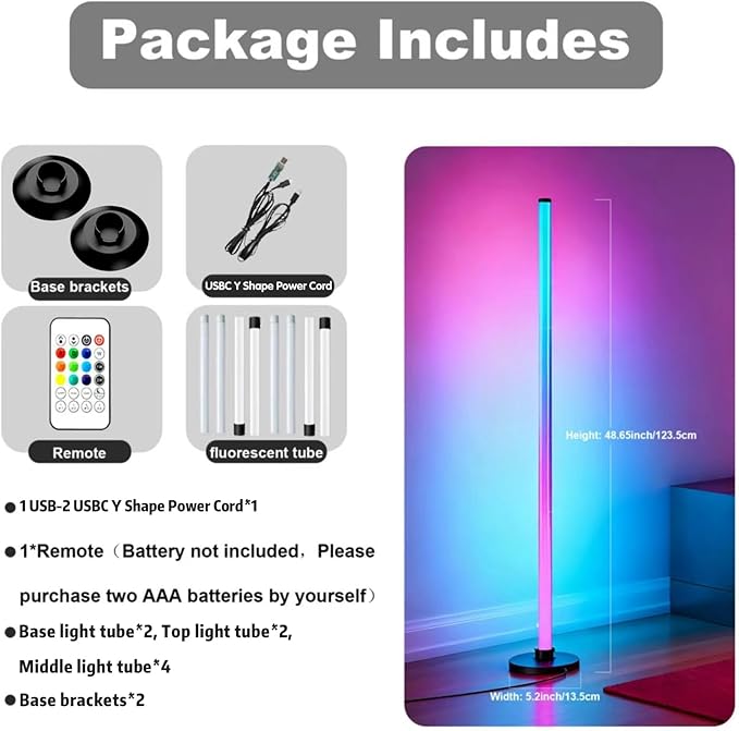 Led Corner Floor Lamp USB Powered, IC+RGBW Music Sync Color Changing Led Lamp with App & Remote Control, Timer Setting, Standing Lamps for Living Room Lamp Bedroom Gaming Party, 2 Pack