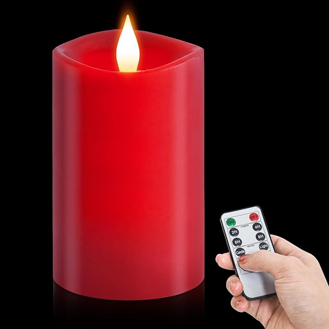 1PCS, 3 x 5 inches Flameless Candle with Remote Control, 3D Flickering Wick, Real Wax Pillar LED Candles, Battery Candles,with Timer,for Holiday Home Decor, Red