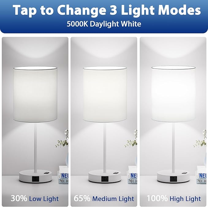White Touch Lamps for Nightstand Set of 2 - Bedside Table Lamp for Bedroom with Dual USB Ports & AC Outlet, 3-Way Dimmable Lamps for Living Room Boys Room, Night Light with 5000K Daylight Bulbs