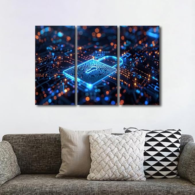 AI Intelligence Picture 3 Pieces Wall Decorations for Living Room AI Canvas Prints Security Lock Symbol Painting Wall Art Contemporary Wall Decor for Home Office Framed Ready to Hang, 42"Wx28"H