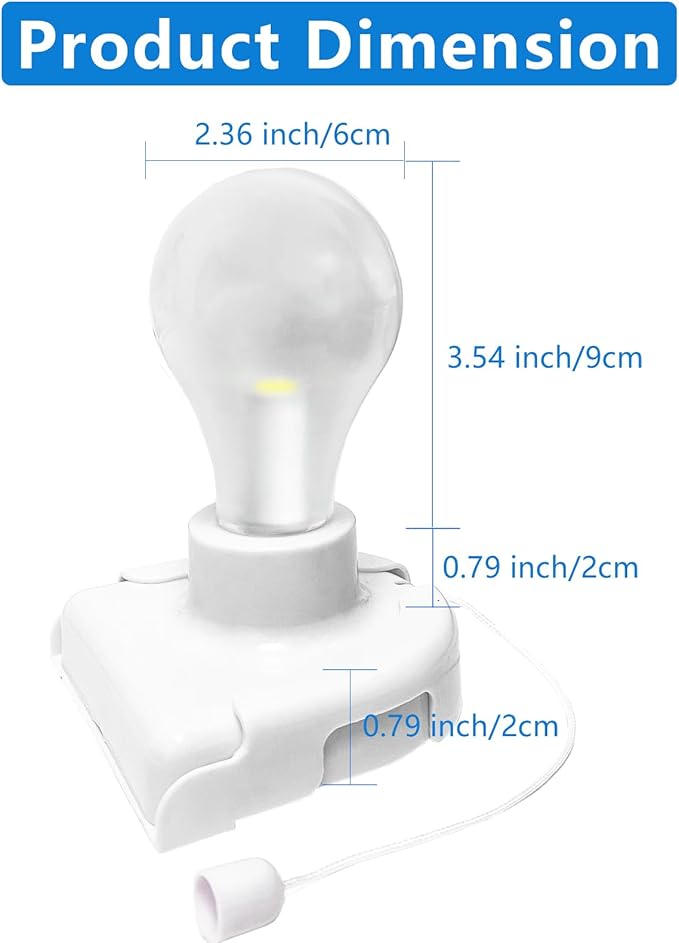 Battery Operated Light Bulb with Pull Chain, 2 Pack Wireless Stick-Up LED Closet Light Bulb, Self Adhesive Wall Mounted Light Fixture for Cabinet Bedroom Living Room Kitchen, Clear Cover