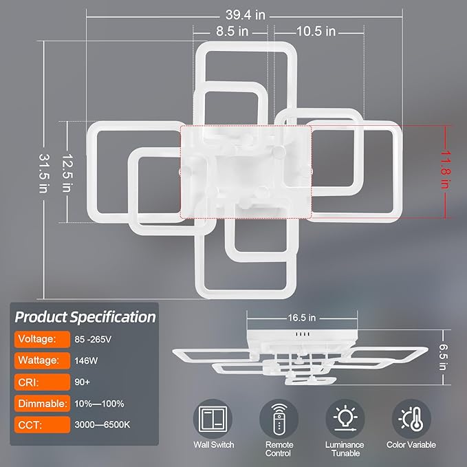 Dimmable Modern LED Ceiling Light 8-Square White Flush Mount LED Ceiling Light with Remote for Living Room Bedroom Close to Ceiling Light Fixture