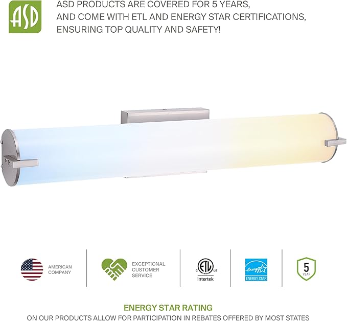 ASD LED 18" Vanity Wall Mount Light Fixture, Linear Bathroom Lighting Bar | 3CCT, Dimmable, Energy Star, ETL Listed | 20W 1500LM 3000-5000K 120V | Long Tube Bath Sconce Over Mirror | Nickel
