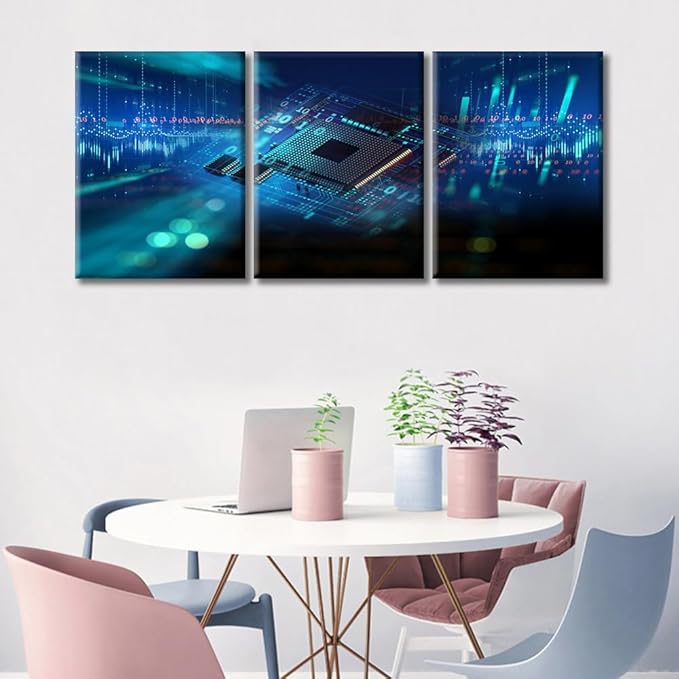 TUMOVO Wall Decor CPU Concept Wall Art Abstract Futuristic PCB Pattern and CPU Artwork Pictures Wall Decor for Living Room 3 Piece Contemporary Home Decor Print on Canvas Ready to Hang (36" Wx16 H)