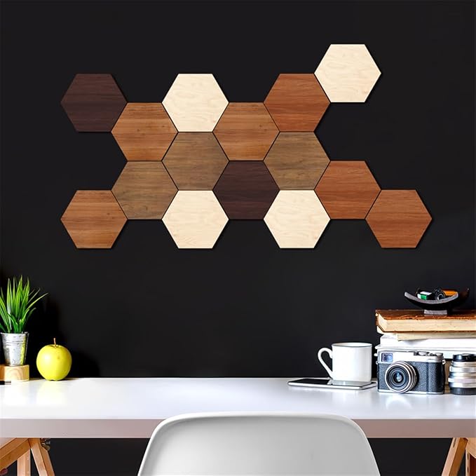 Wooden Hexagon Wall Decor, 15 Pcs Creative Removable Hexagonal Wall Stickers, DIY Modern Geometric Wood Wall Art Decor, 3D Wooden Hexagon Wall Tiles for Living Room, TV Background, Office, 5.9" x 5.1”
