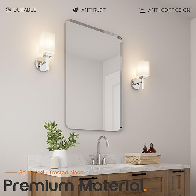 Vanity Lighting Fixtures Polished Chrome Bathroom Lights with White Frosted Glass Shade, Wall Sconces for Mirror Hallway Entrance, 2 Pack T002CH-L1-P2