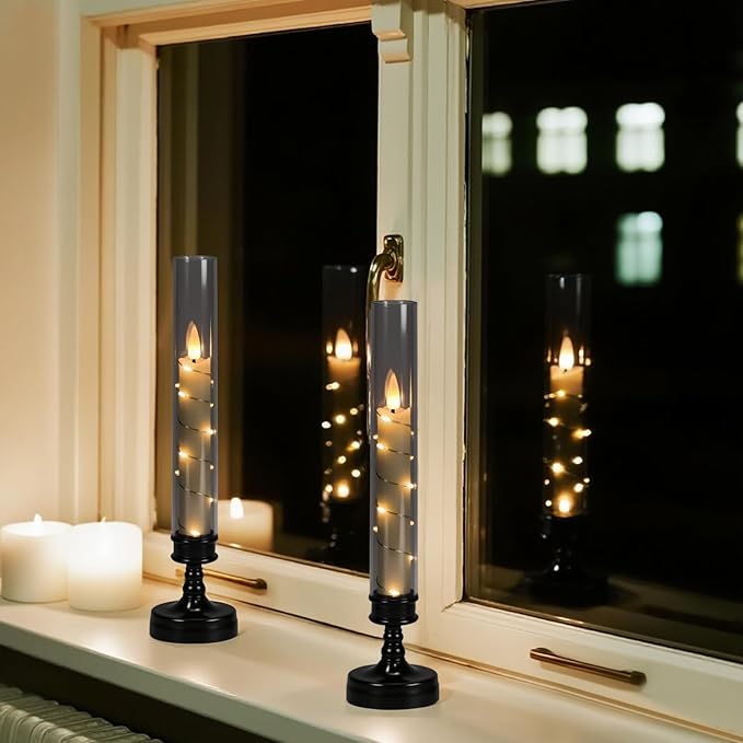 GenSwin Halloween Flameless Taper Candles with Remote and String Lights, Black Halloween Flameless Candles Battery Operated, 2 Pcs LED Flickering Candlesticks for Home Window Table Decor(D2.2”xH10”)