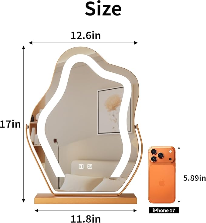 Makeup Mirror with Lights -17″ Cloud Shaped Smart Touch 3-Color Dimmable 360° Rotation Memory Metal Frame Plug-in AC Power Tabletop Vanity Mirror Gift for Women Teen Girls Champagne Gold