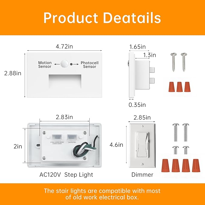 LED Step Lights Indoor Motion Sensor, 4W 300LM 0%-100% Stepless Dimmable 120V Hardwired Stair Lights Outdoor, IP65 Waterproof, 5CCT Staircase Lighting, 2700K/3000K/4000K/5000K/6500K, ETL, 4 Pack