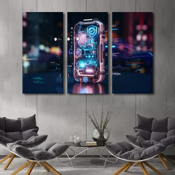 TUMOVO 3 Panel Canvas Wall Art Modern Art Smartphone Digital Identity and Cybersecurity of Personal Banking or Investment Safety Online Concept Picture Poster for Living Room Decorations, 60" Wx40 H