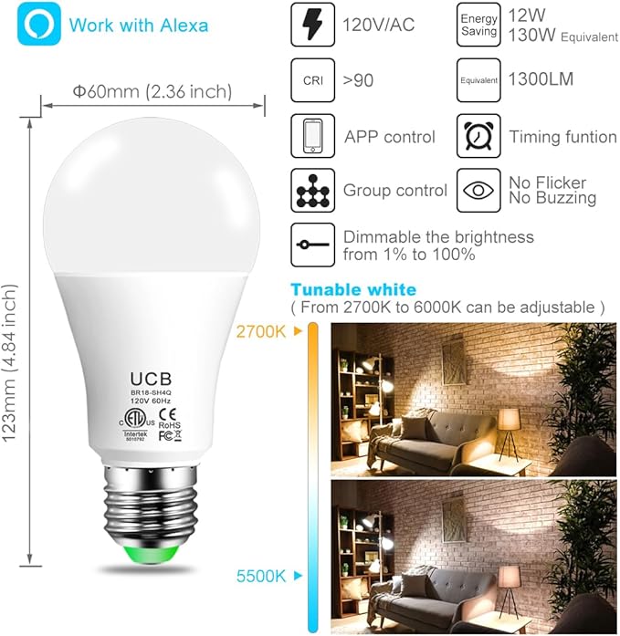UCB Alexa Light Bulb 1300LM, 12W Smart Light Bulbs Warm White to Daylight Tunable, A19 E26 Bluetooth LED Bulbs for Bedroom Kitchen Living Room Office（12 Pack）