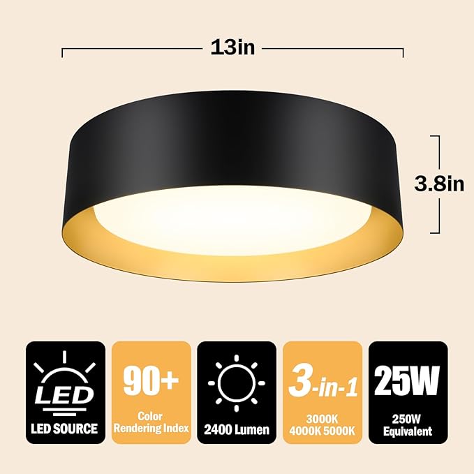 BrightHome Flush Mount LED Ceiling Light, 13in 2400LM 25W, 3 Color (3000K, 4000K, 5000K) Dimmable Black Gold Modern Lamp for Bedroom, Bathroom, Hallway, Kitchen