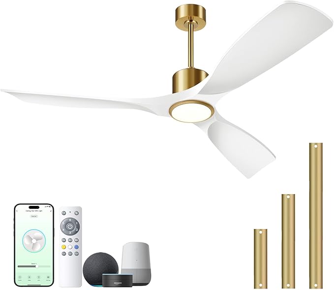 Ceiling Fans with Lights, Ceiling Fans with Lights and Remote Control, 52 inch Modern Smart White and Gold Ceiling Fan, Outdoor Ceiling Fans for Patios 3 Blade Bedroom Farmhouse（White）