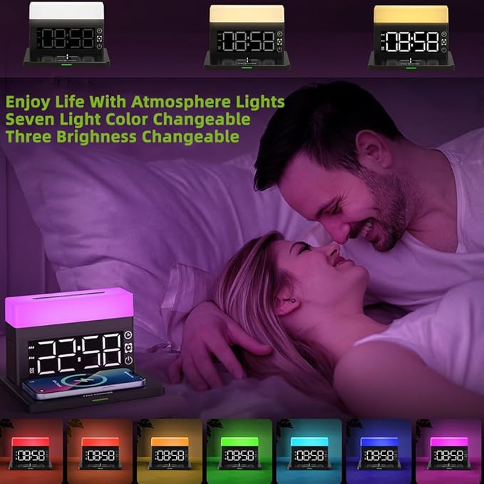 IHAO 6in1 Smart Alarm Clock with Wireless Charger RGB Mood Light 15W Fast Wireless Charging for All Qi Phone TWS Headphone Compliant with i-Watch 7 Color Night Light Large Digital Display-Black
