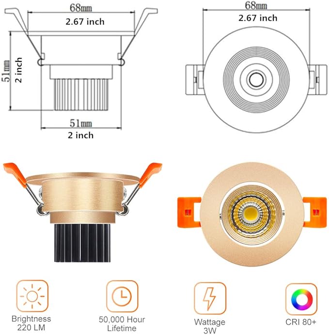 LightingWill 2inch LED Dimmable Downlight, 3W COB Recessed Ceiling Light, Daylight White 5500K-6000K, CRI80, 25W Halogen Bulbs Equivalent, Gold (4Pack)
