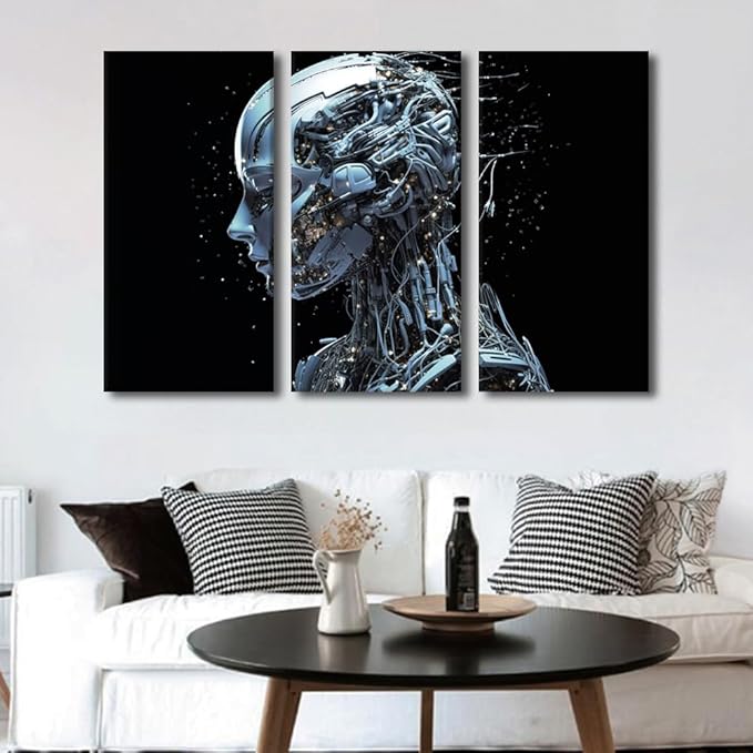 TUMOVO Wall Art for Living Room Female Robot Face Pictures Print on Canvas, Artificial Intelligence Wall Decor 3 Piece Modern Canvas Wall Decoration Giclee Artwork Giclee Ready to Hang, 60" Wx40 H