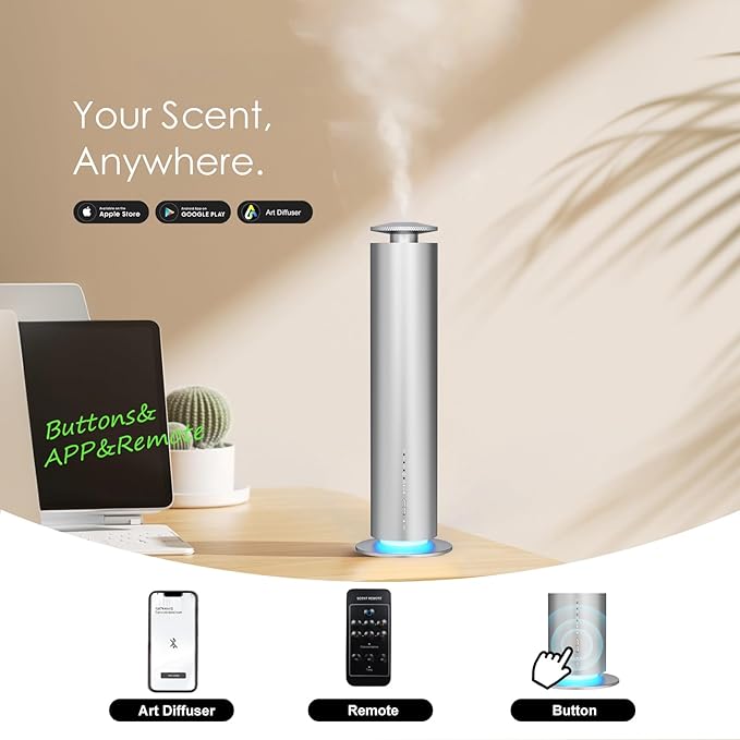 Waterless Essential Oil Diffuser, Long Lasting Aromatherapy Scent Diffuser for Home with Light Mode, 1500 Sq. Ft Coverage Quiet Oil Diffusers for Bedroom Safe for Kids&Pets, Silver