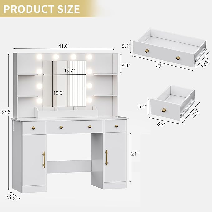 Vanity Desk with Mirror and Lights, 43'' Makeup Dressing Table Set with 5 Drawers & Power Outlet, 3 Lighting Modes Brightness Adjustable, Vanity with RGB Ambient Light for Women Girls Bedroom, White