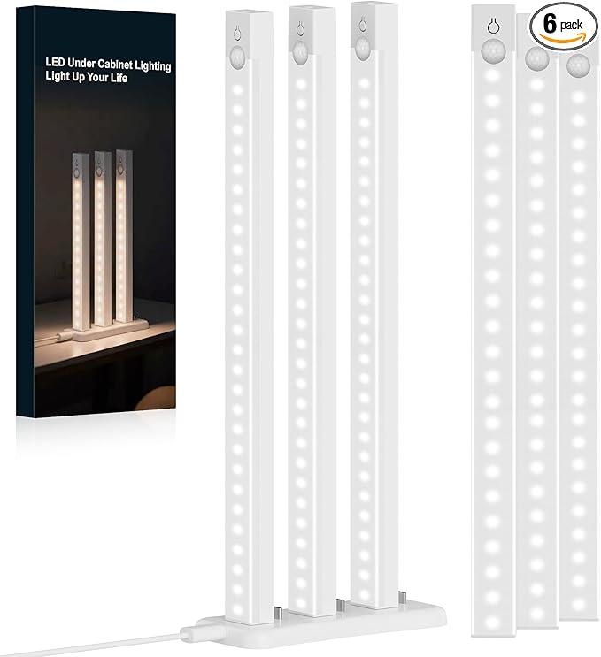 6-Pack Under Cabinet Lighting with Charging Station 12 in Rechargeable Motion Sensor Light Indoor, 3 Color Dimmable Closet Light Battery Operated, USB Stick on LED Magnetic Lights for Kitchen